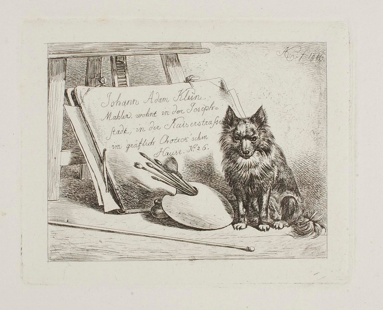 Hund sitzt bei den Malutensilien und dem Portfolio mit der Adresse des Künstlers von Johann Adam Klein