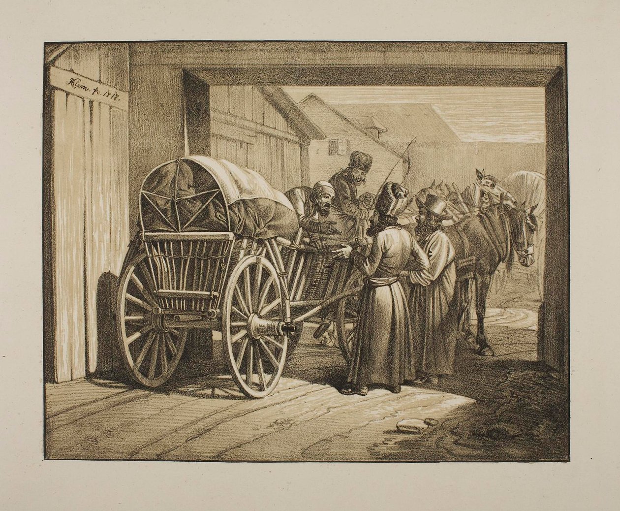 Polnische Juden im Gespräch bei einem Wagen von Johann Adam Klein