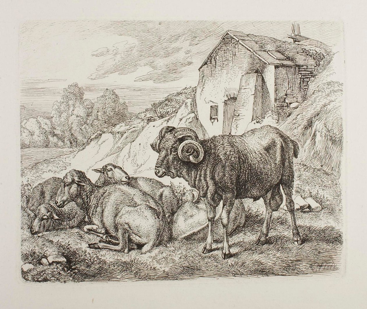 Widder und Schafe hinter einem Haus von Johann Adam Klein