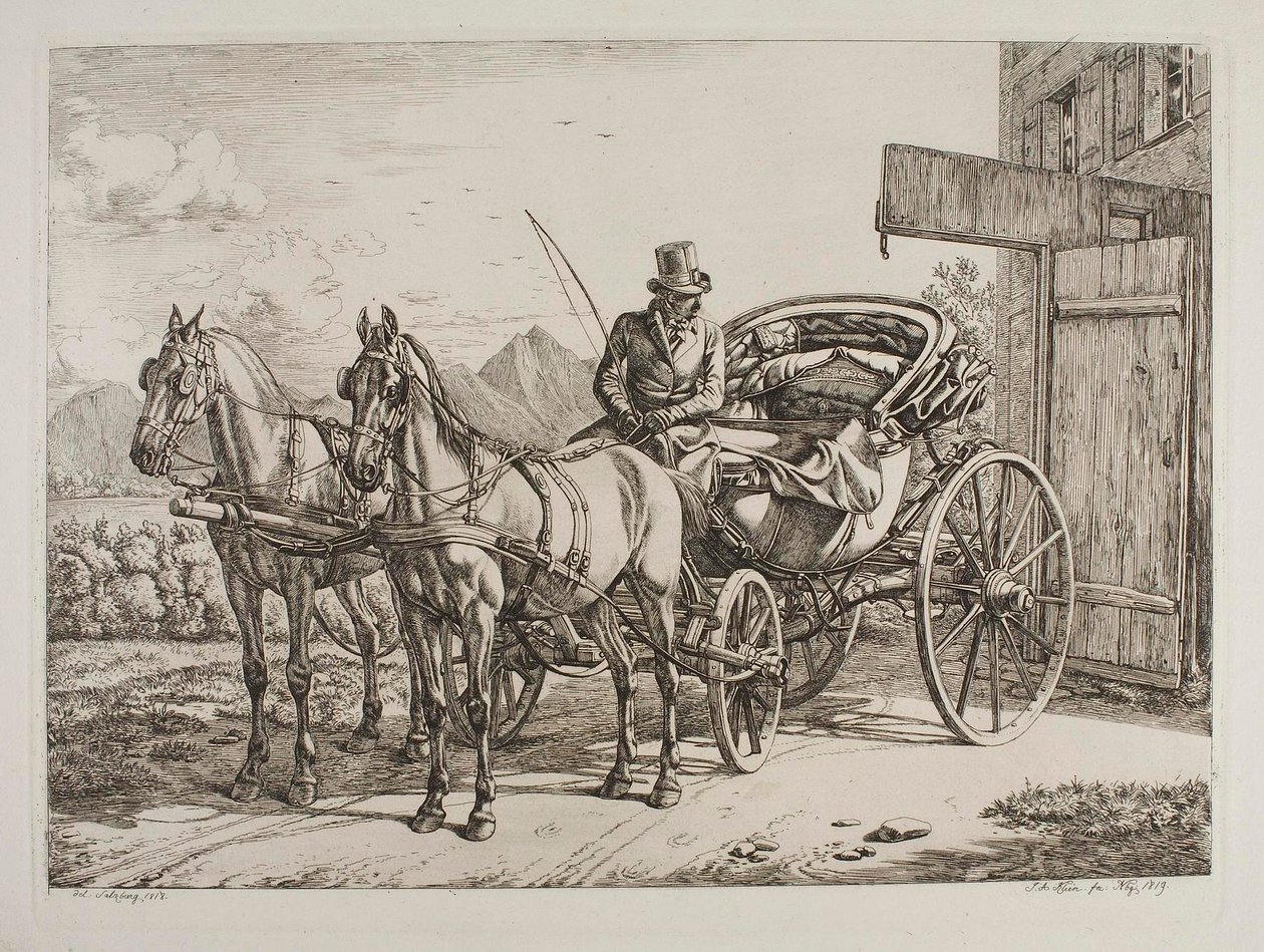 Zwei Pferde vor einer eleganten Kutsche von Johann Adam Klein
