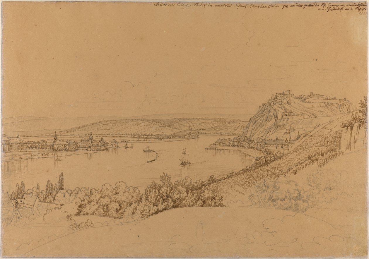 Blick auf Koblenz mit dem Rhein und Festung Ehrenbreitstein (recto); Blick auf das Heidelberger Schloss (verso) von Johann Adam Klein