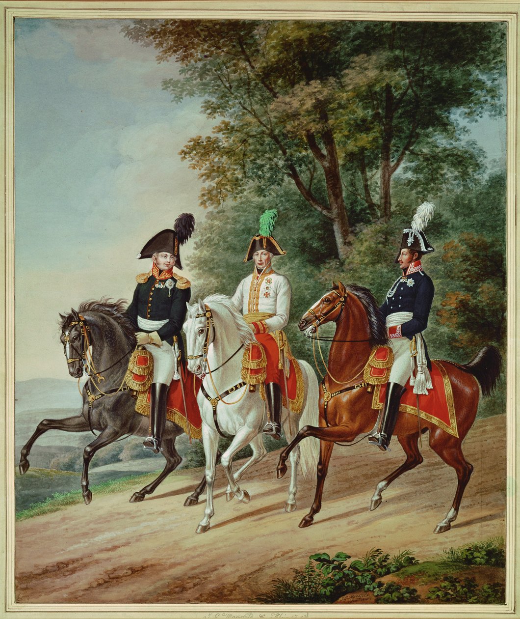 Die drei Monarchen zu Pferd: Kaiser Franz I., Zar Alexander I., König Friedrich Wilhelm III. von Johann Adam & Mansfeld Johann Georg (1764 1817) Klein