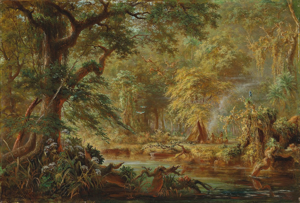 Brasilianisches Indianerlager neben einem Fluss im Regenwald von Johann Adolf Höffler