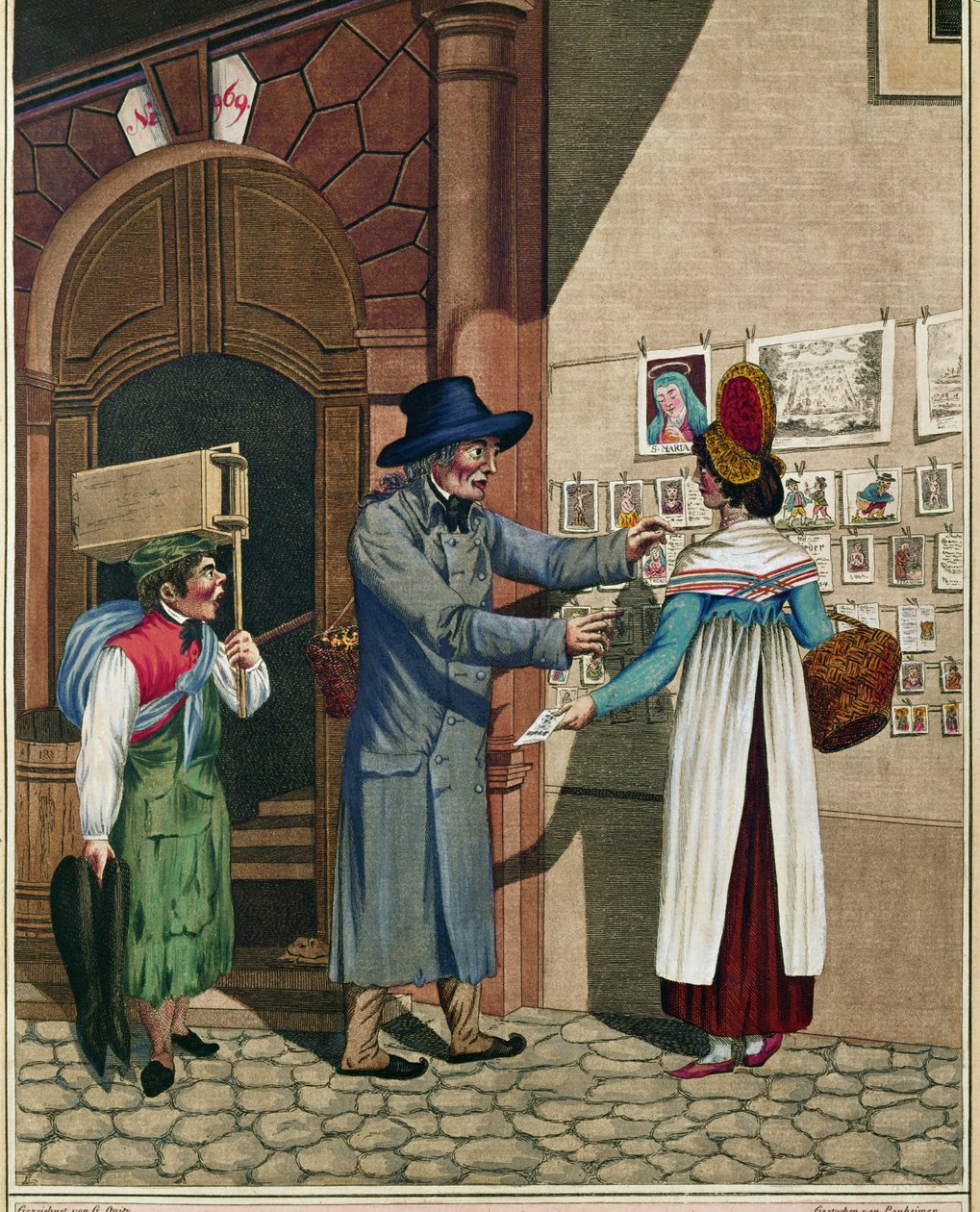 Ein Straßenhändler von Volksballaden und Drucken, ein Schusterlehrling, aus einer Serie von Wiener Typen um 1810 von Johann Adolph Opitz