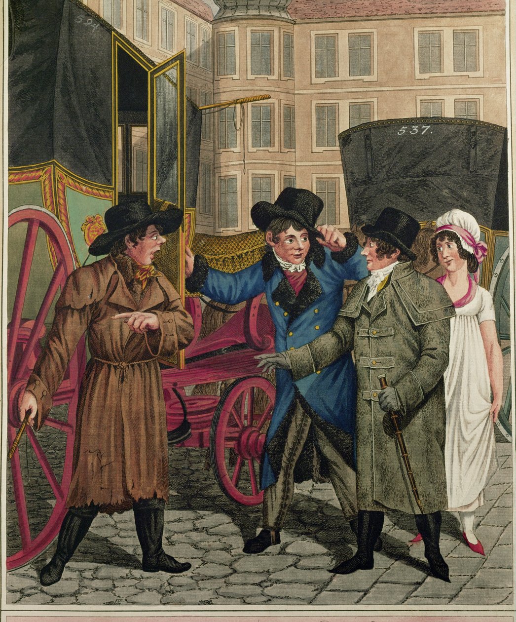 Kutscher und wohlhabende Kunden, aus einer Serie von Wiener Typen von Johann Adolph Opitz