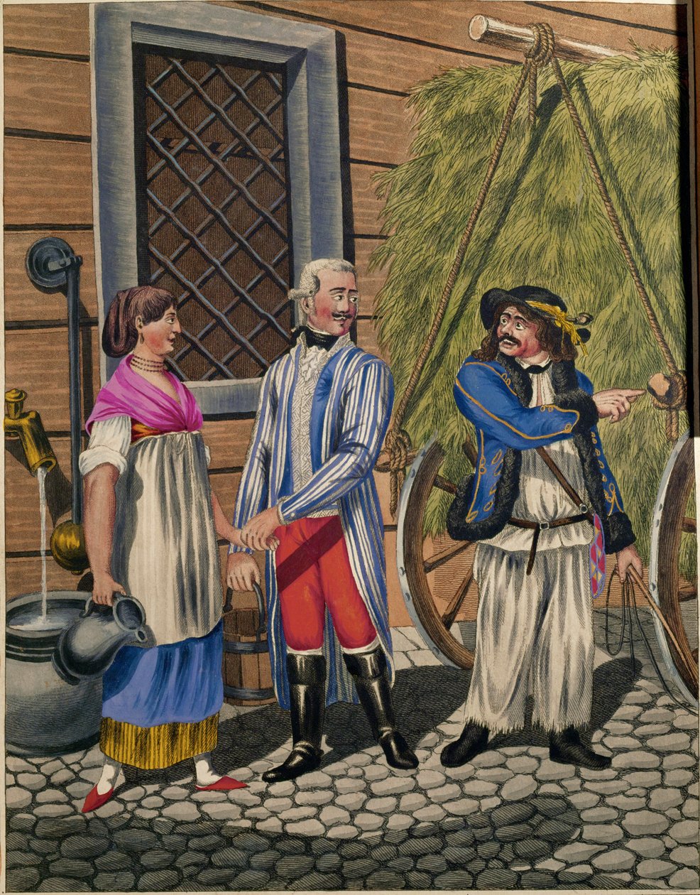 Kutscher eines Herrn, Dienstmädchen und Heuverkäufer, aus einer Serie Wiener Typen von Johann Adolph Opitz