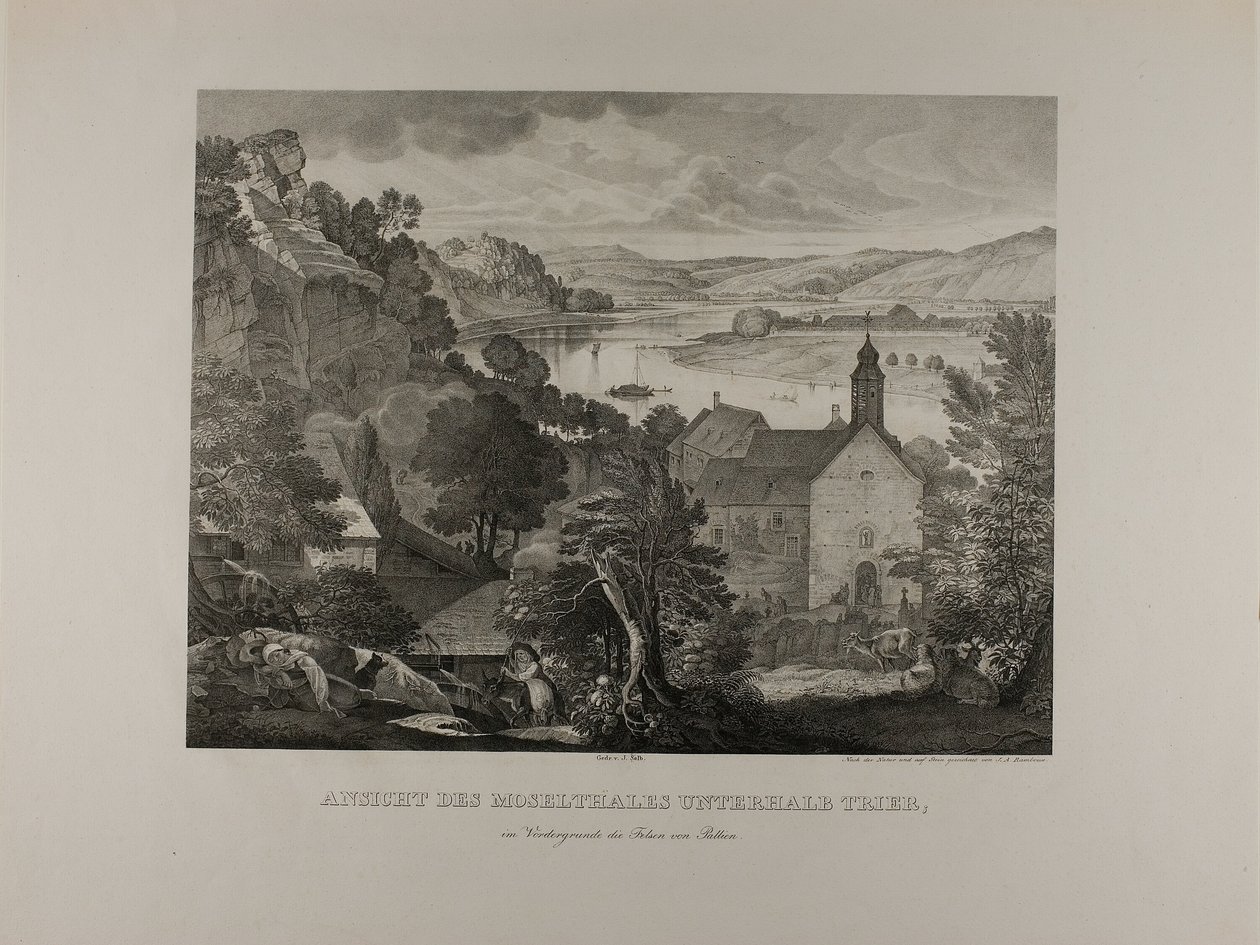 Blick auf das Moseltal unterhalb von Trier mit den Felsen von Pallien im Vordergrund von Johann Anton Alban Ramboux