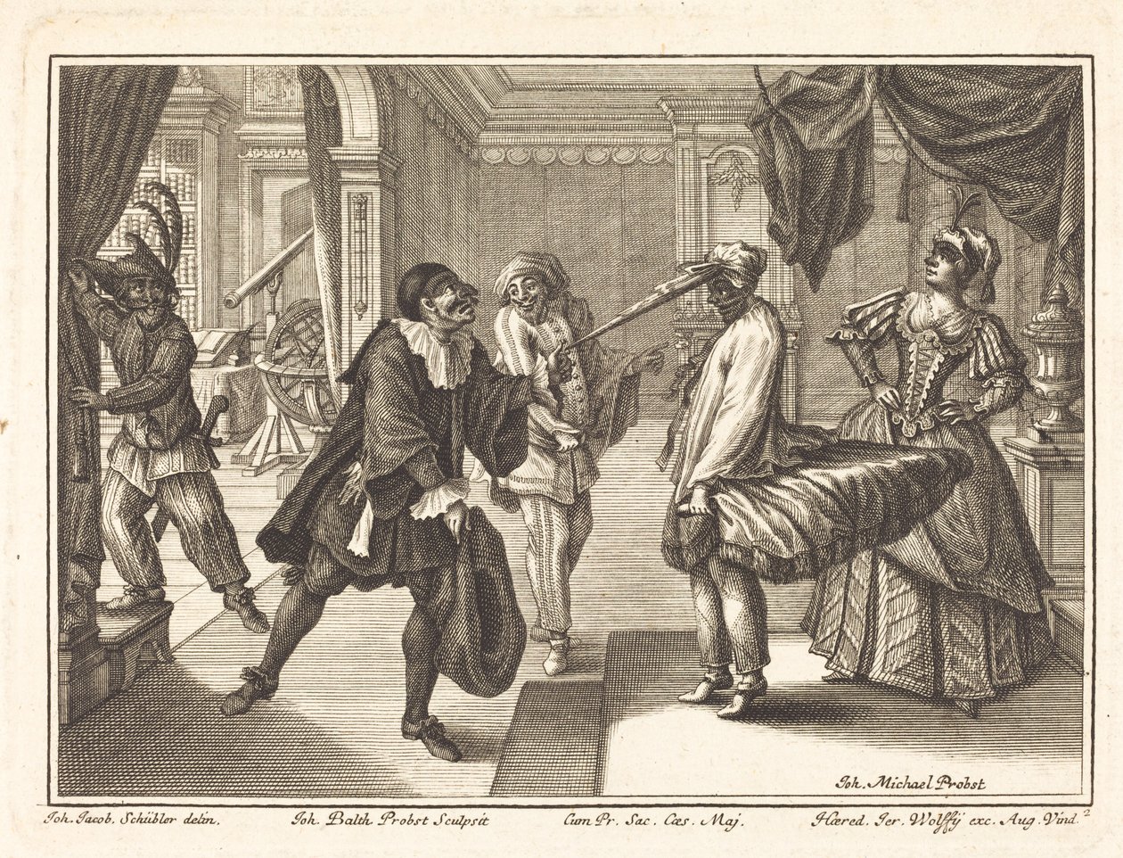Harlekin im Haus von Dr. Polovard von Johann Balthasar Probst after Johann Jacob Schübler