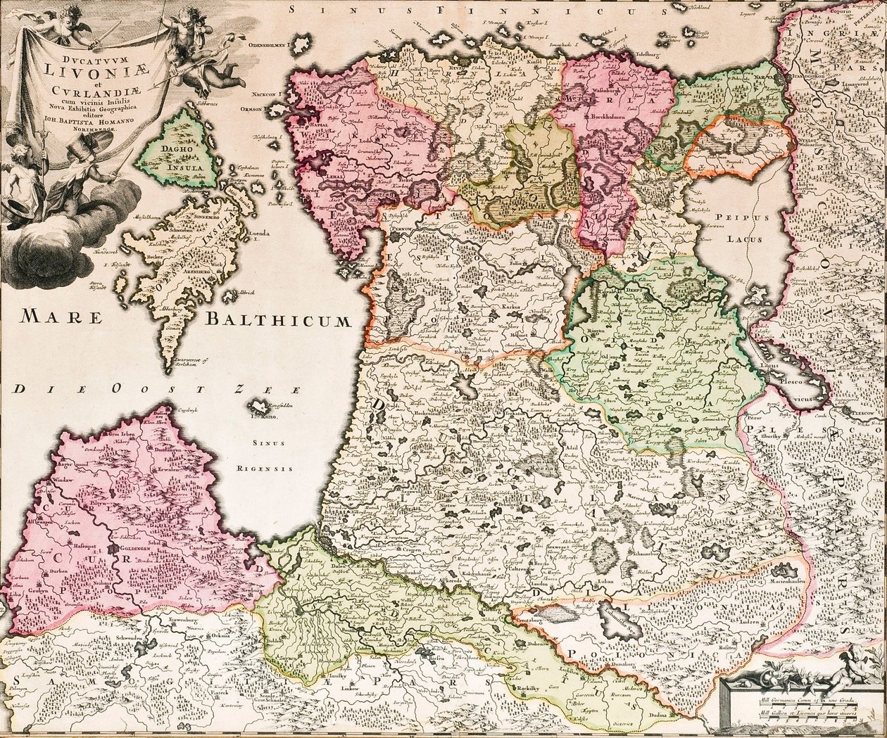 Die Ostsee aus: Baltikum Ducatuum Livoniae et Curlandiae cum vicinis Insulis Nova Exhibitio Geographica, ca. 1720 von Johann Baptista Homann