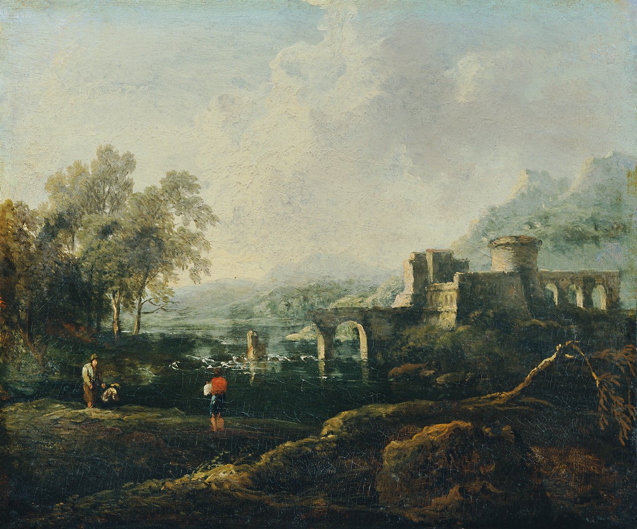 Ideale Landschaft mit Fluss und Brückenruine (Der Morgen) von Johann Christian Brand