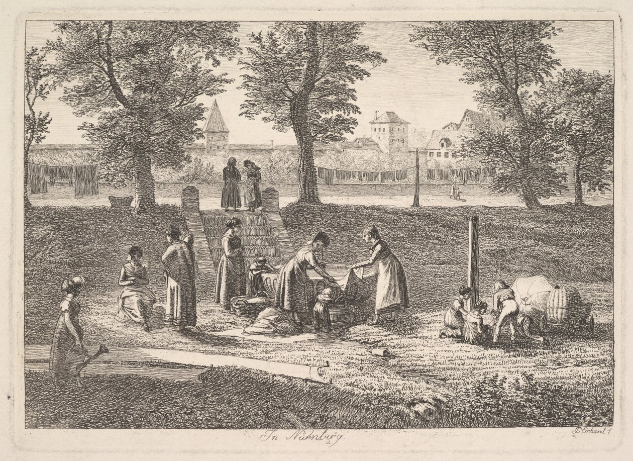 Freiluftszene von Frauen bei häuslichen Tätigkeiten in Nürnberg, 19. Jahrhundert von Johann Christian Erhard