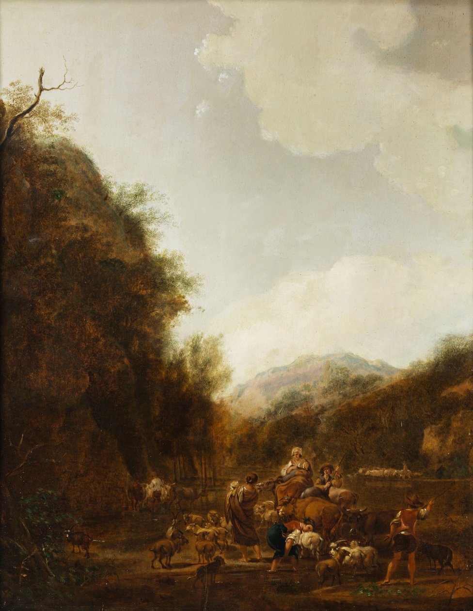 Gebirgslandschaft mit Hirten und Vieh am Tränketrog von Johann Christian Klengel