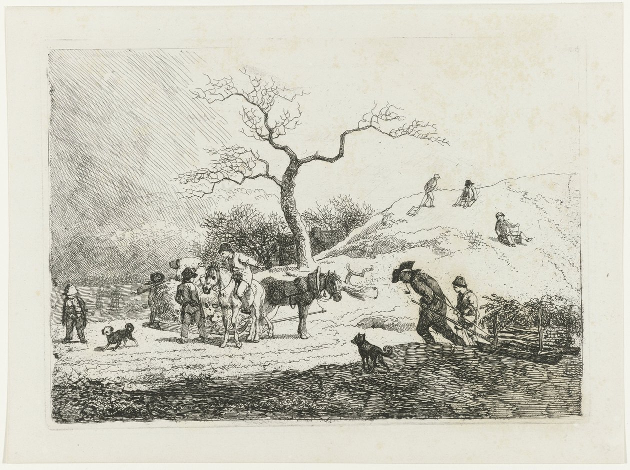 Winterlandschaft mit Schlitten fahrenden Kindern und verschiedenen Schlitten von Johann Christian Klengel