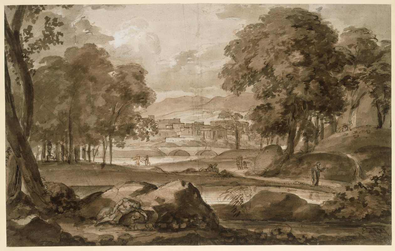Große Waldlandschaft mit antiker Stadt und figürlicher Staffage von Johann Christian Reinhart