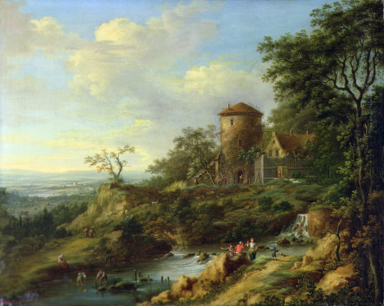 Rheinische Landschaft mit Fischern in der Nähe eines Turms von Johann Christian Vollerdt or Vollaert
