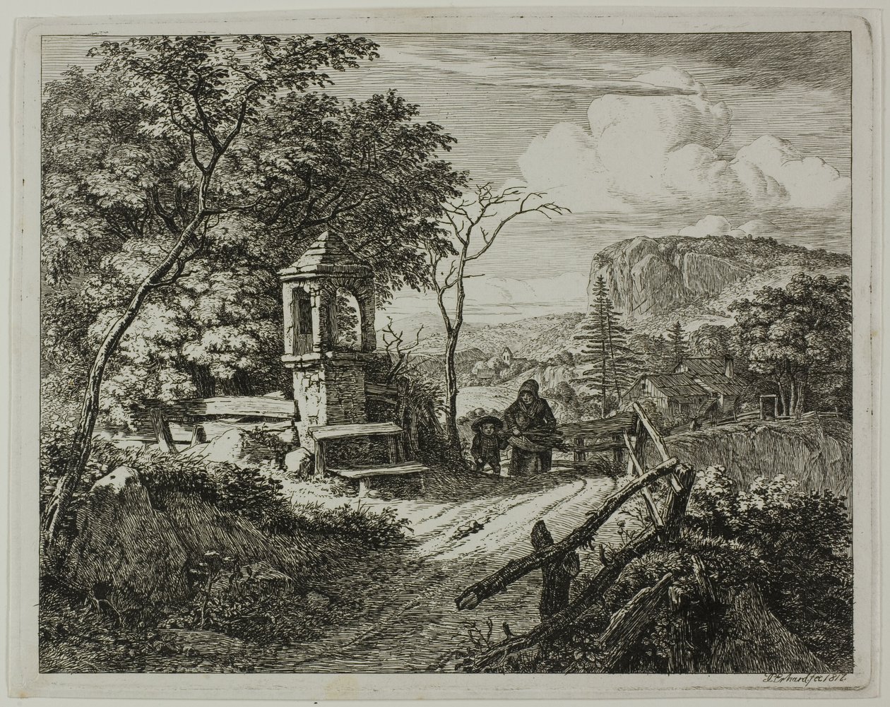Holzsammler mit einem Jungen, Platte zwei aus Die zwei großen Landschaften mit den Betsäulen von Johann Christoph Erhard