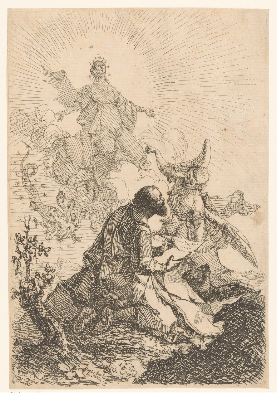 Johannes hat auf Patmos eine Vision, in der die heilige Jungfrau den siebenköpfigen Drachen besiegt von Johann Cimbal