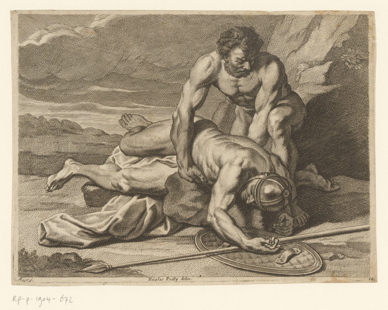 Ein Mann nimmt die Leiche eines römischen Speerträgers in die Arme von Johann Conrad Reiff