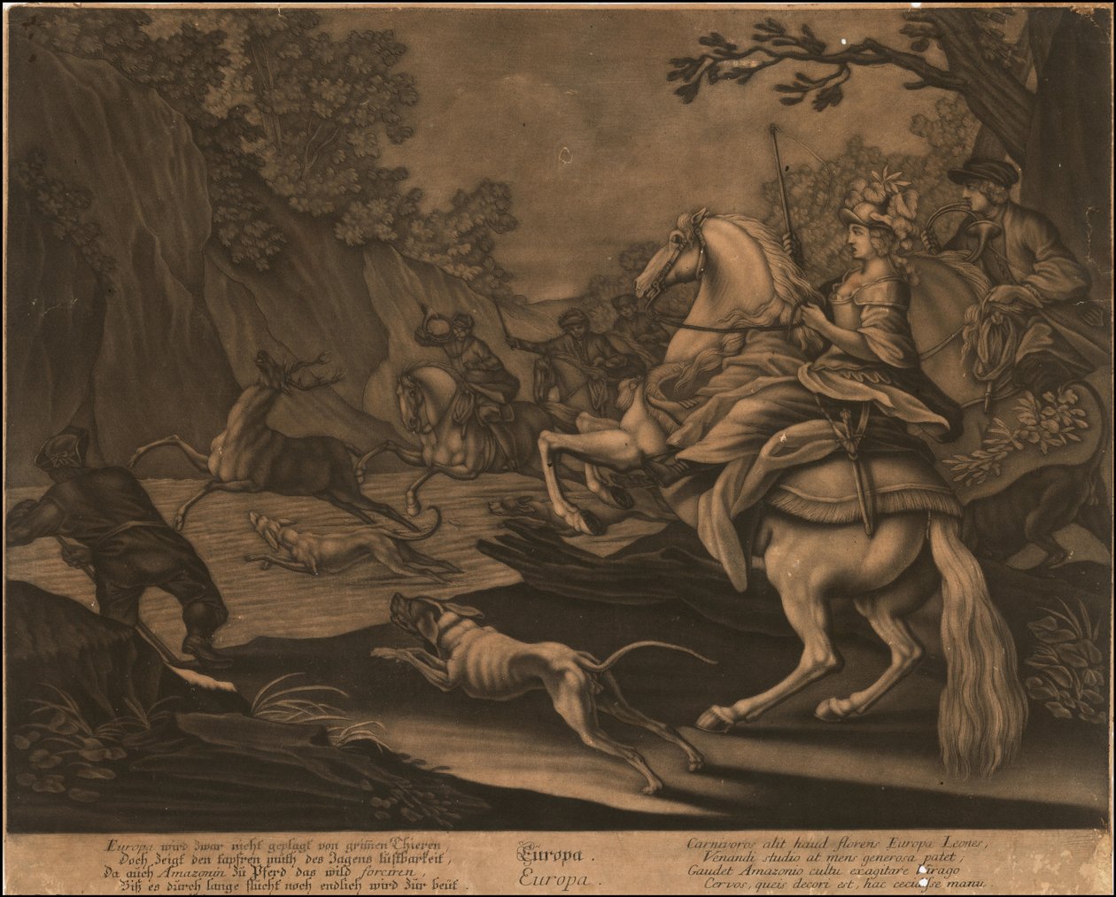 Ca. 1770 allegorisches Mezzotinto von Europa von Johann Elias Ridinger