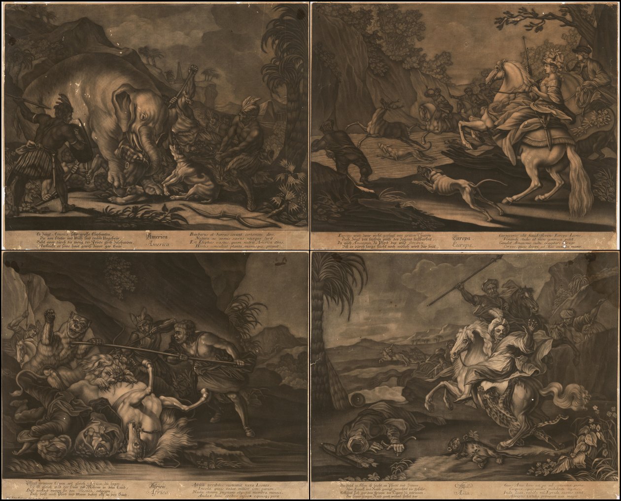 Ca. 1770 allegorische Mezzotintos von Afrika, Asien, Amerika und Europa auf einer Seite von Johann Elias Ridinger