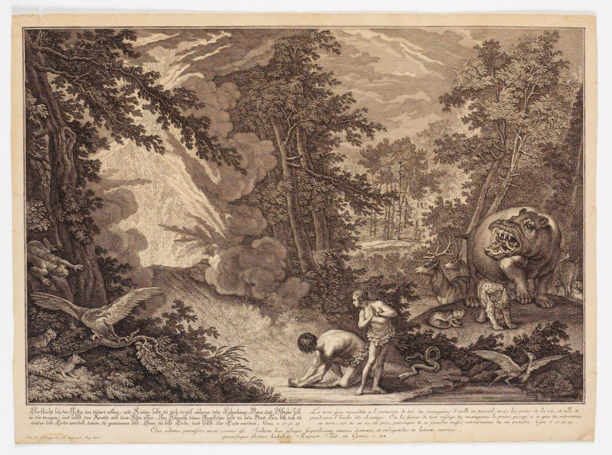 Gott entdeckt, dass Adam und Eva vom Baum gegessen haben von Johann Elias Ridinger