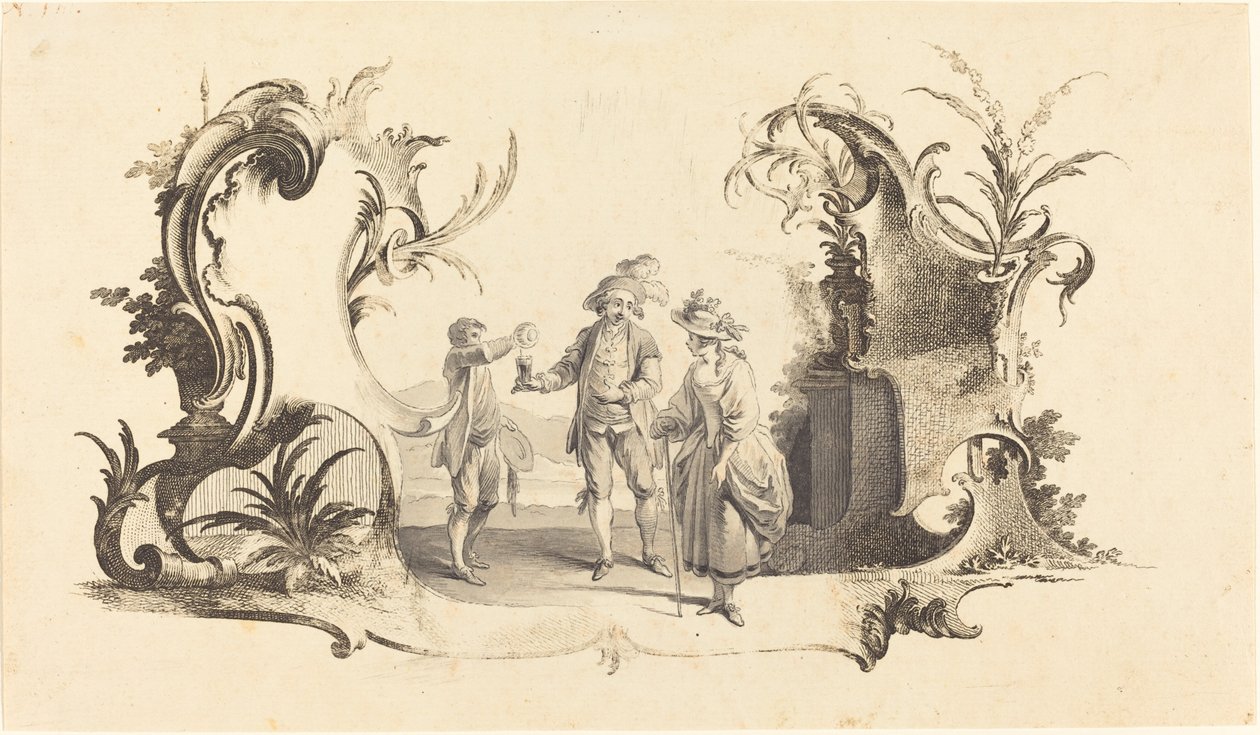 Moderne Kartusche mit einem jungen Paar, das Wein serviert bekommt von Johann Esaias Nilson