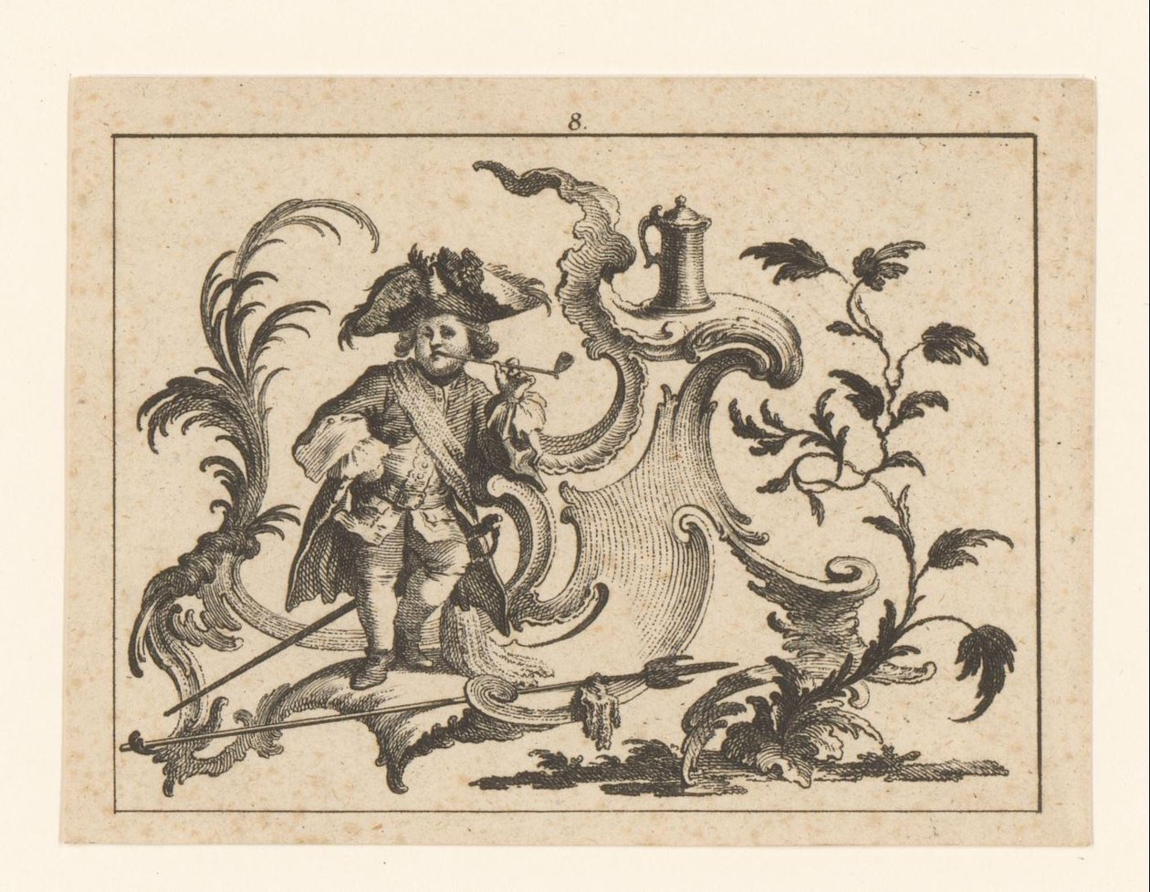 Pfeifenrauchender Mann lehnt an einem Rokoko-Ornament von Johann Esaias Nilson