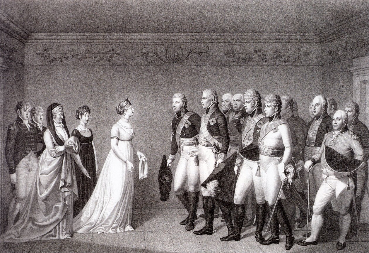 Das Treffen zwischen Luise von Preußen und dem Kronprinzen Alexander von Russland in Memel, 1805 von Johann Friedrich Bolt
