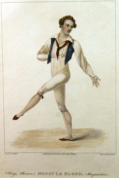Porträt von Monsieur Le Blond, ein Tänzer am Haymarket Theatre, London, tanzend mit ausgestrecktem Bein und Arm, graviert von R. Cooper von Johann Friedrich Maximilian von (after) Waldeck