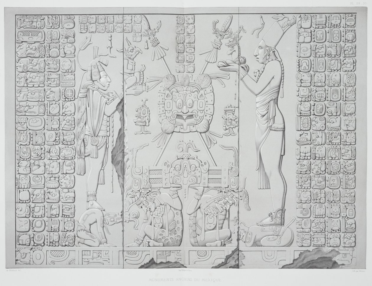 Relief, das einen Priester mit Opfergaben aus dem Heiligtum des Sonnentempels in Palenque darstellt, Tafeln 29 und 30 aus Ancient Monuments of Mexico, graviert von Werner, 1866 von Johann Friedrich Maximilian von Waldeck