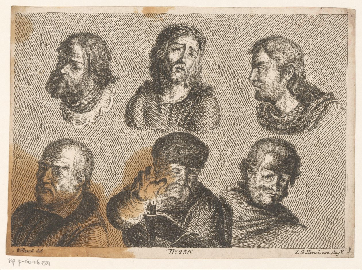 Sechs Männerköpfe, darunter Christus und ein Mann mit Kerze von Johann Georg Hertel (I) (possibly)