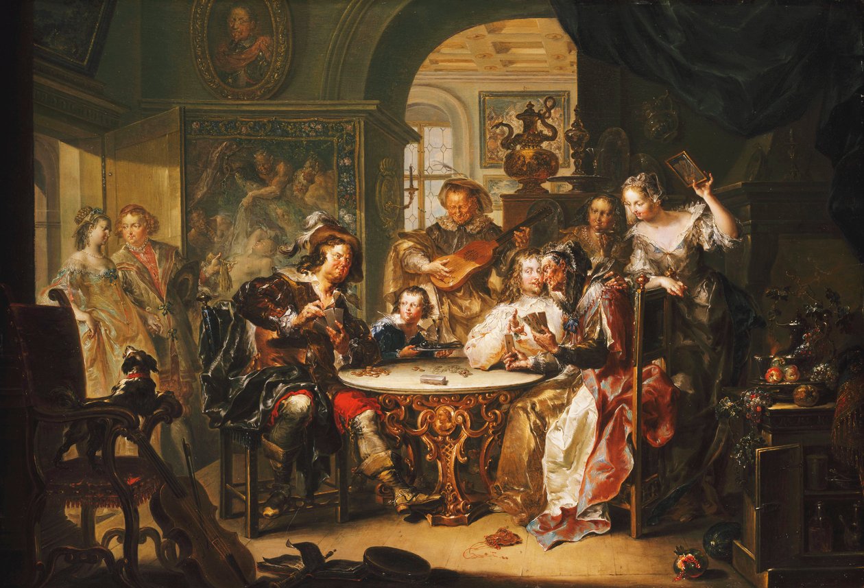 Ein Gentleman betrügt beim Kartenspiel mit einer älteren Dame in einem prächtigen Interieur von Johann Georg Platzer
