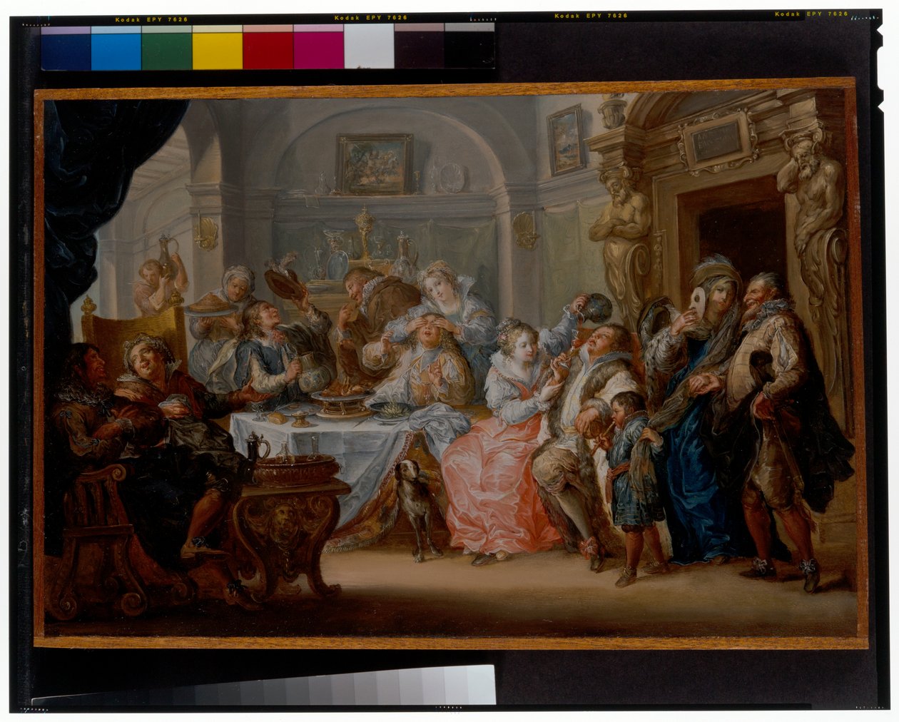 Innenraum mit eleganten Figuren in Maskenkostümen beim Festmahl von Johann Georg Platzer