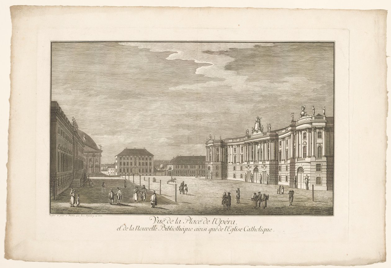 Ansicht des Bebelplatzes in Berlin mit der Alten Bibliothek und dem Alten Palais und der St.-Hedwigs-Kathedrale von Johann Georg Rosenberg