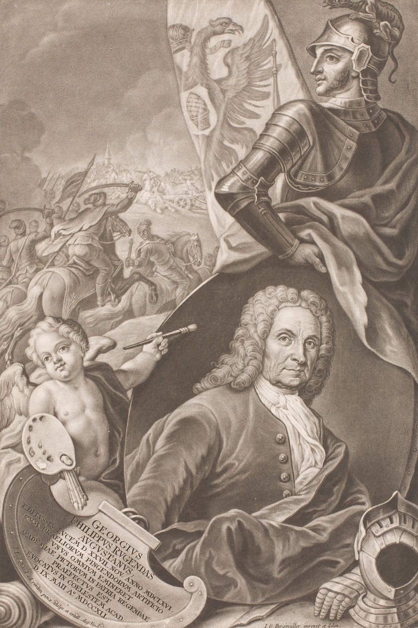 Brustbild des Malers Georg Philipp Rugendas mit Schlachtenszene im Hintergrund von Johann Gottfried Haid