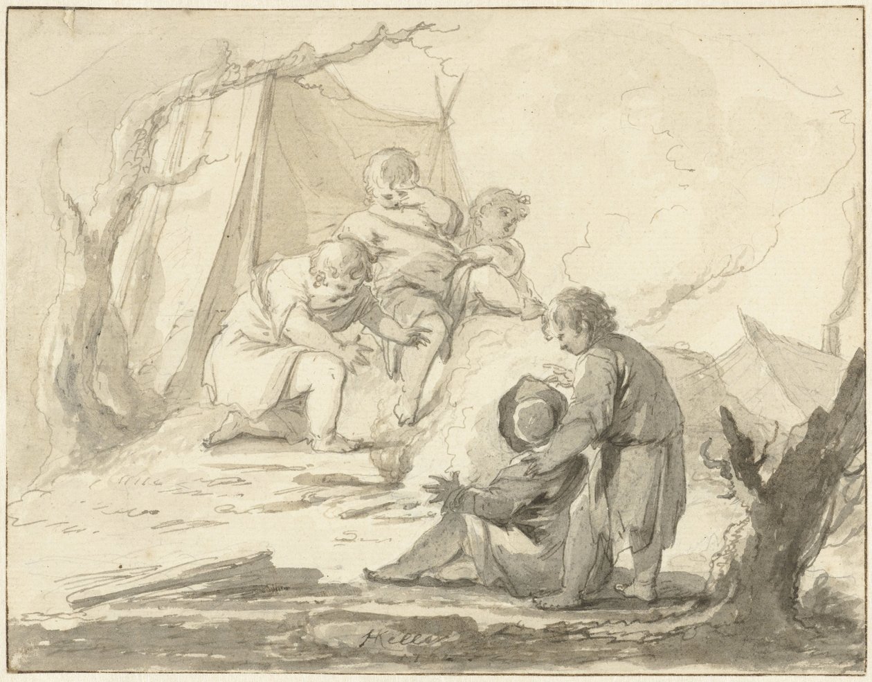 Allegorische Darstellung mit Kindern um ein Feuer von Johann Heinrich Keller (II)