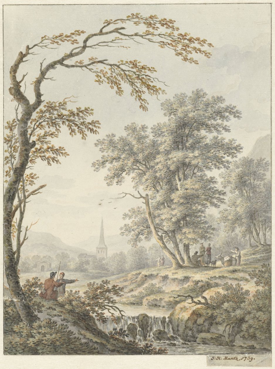 Landschaft mit Wasserfall und in der Ferne eine Kirche von Johann Heinrich Muntz