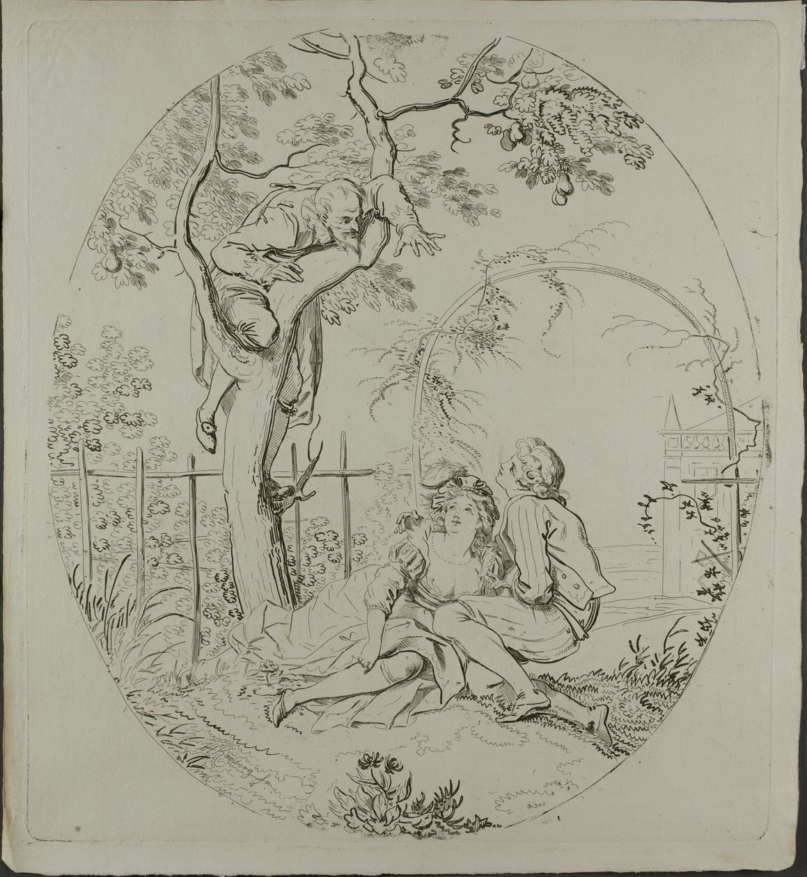 Bärtiger Mann, der Liebende unter einem Laubengang ausspioniert von Johann Heinrich Ramberg