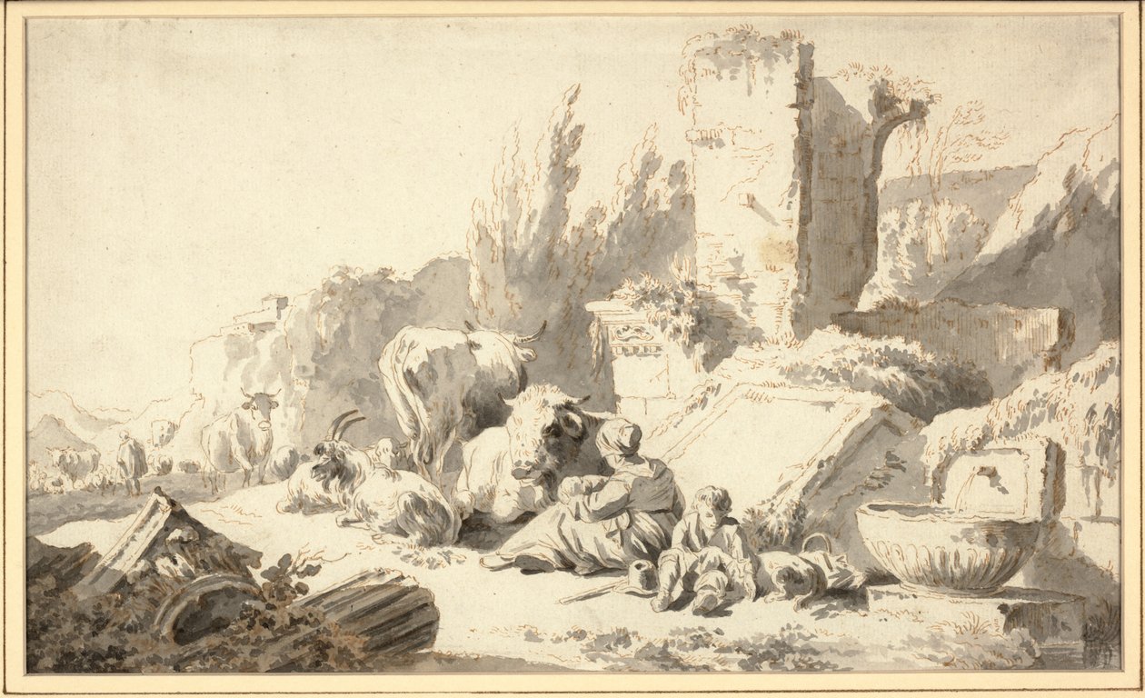Ein Viehtreiber mit seiner Familie und Vieh neben klassischen Ruinen von Johann Heinrich Roos