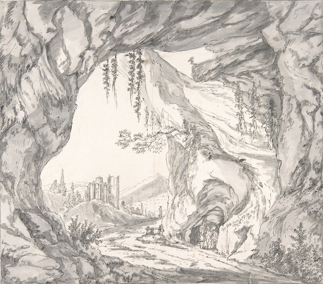Gebirgige Landschaft mit Ruinen einer Burg und drei Männern in einer Höhle..., spätes 18. - frühes 19. Jahrhundert von Johann Huber