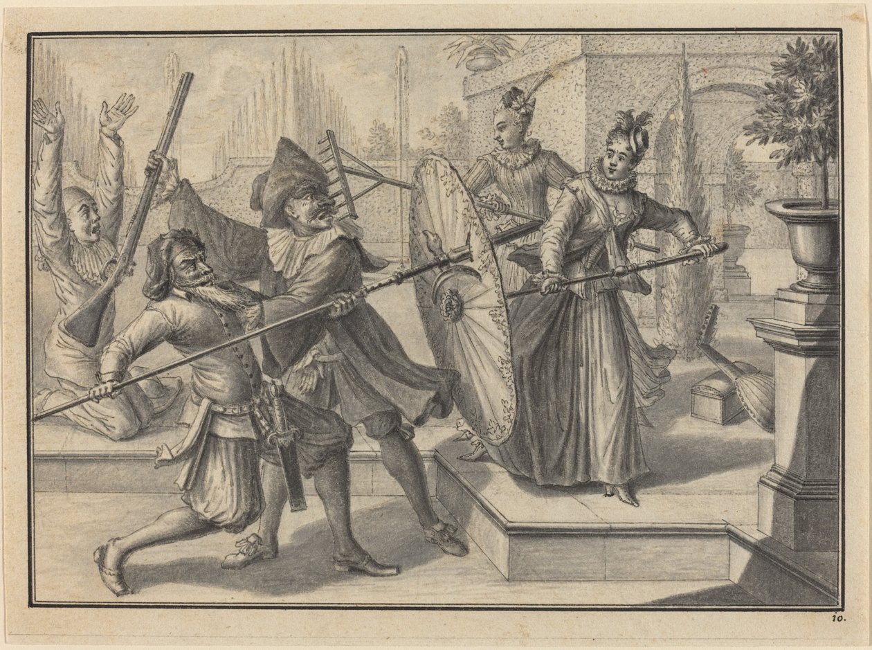 Pantaloon und der Doktor kämpfen mit Columbine und Brigatella im Garten von Johann Jacob Schubler