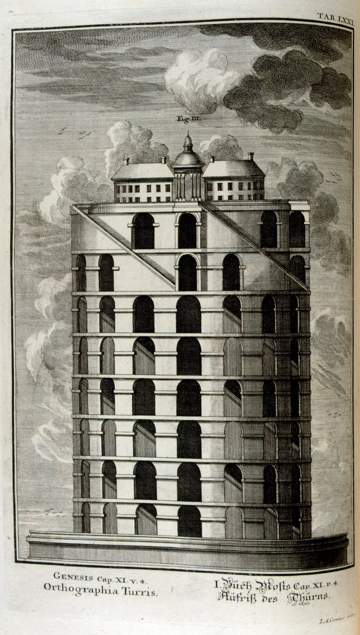 Plan des Turms von Babel von der Seite gesehen von Johann Jakob Scheuchzer