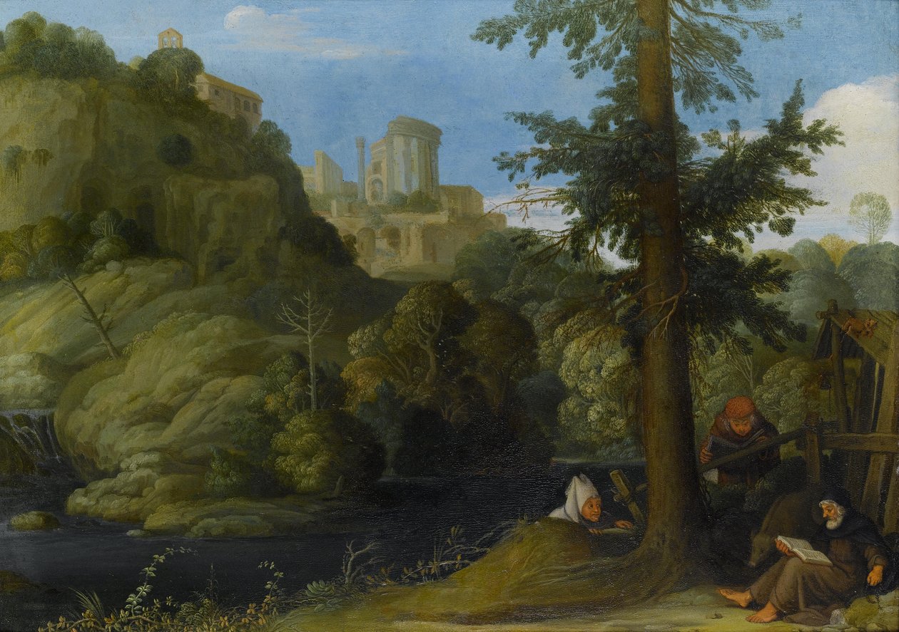 Ein Einsiedler mit zwei Reisenden in einer bewaldeten Landschaft von Johann König