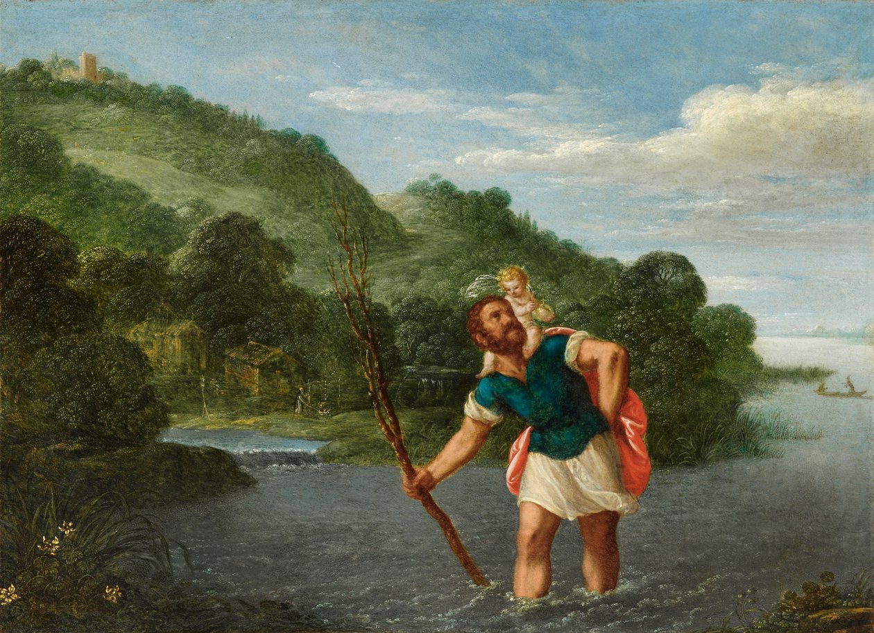 Der Heilige Christophorus trägt das Christuskind in einer Landschaft von Johann König