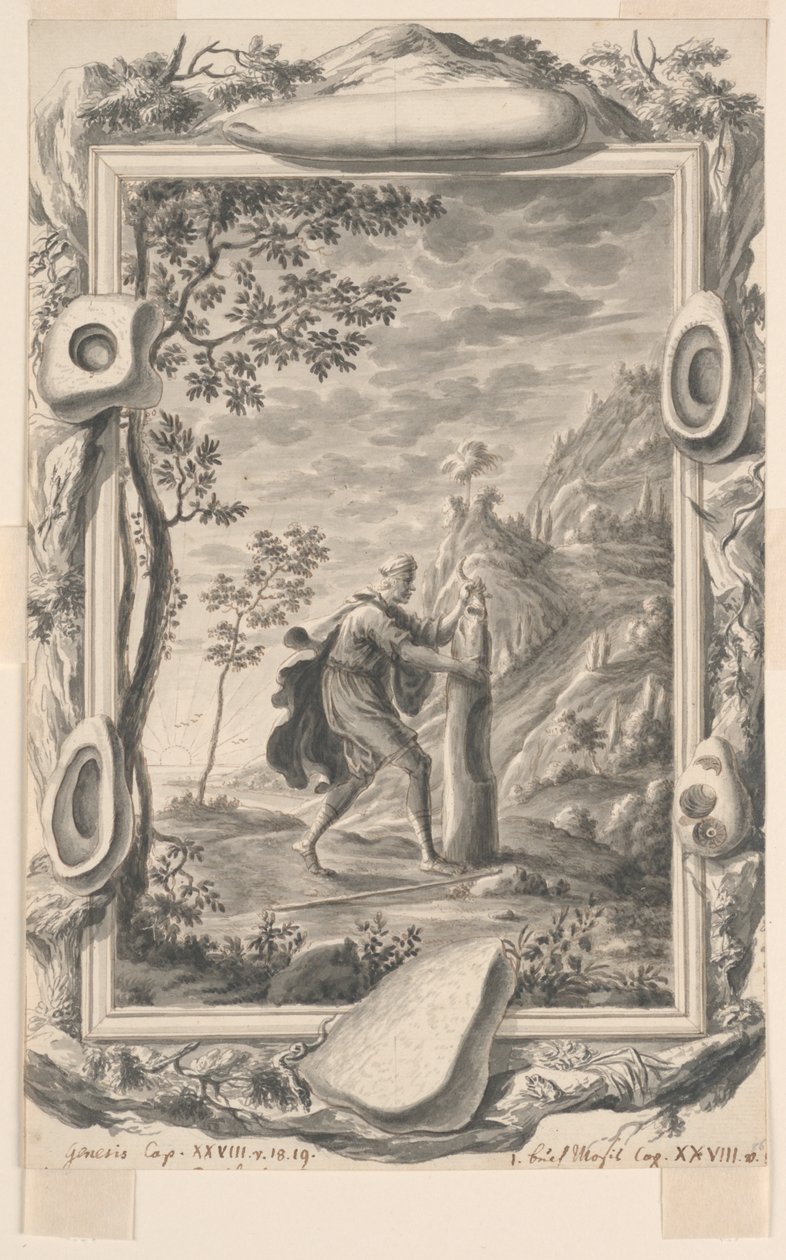 Studie für Jakob gießt Öl auf den Stein in Bethel, Platte 87, Physica Sacra von Johann Melchior Füssli