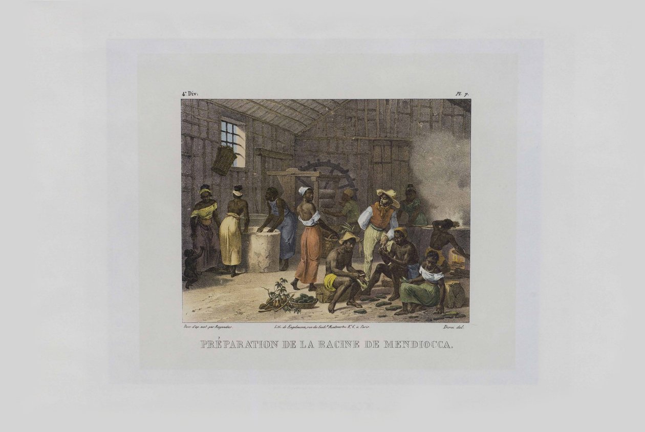 Vorbereitung von Maniokwurzeln. Aus Malerische Reise in Brasilien von Johann Moritz Rugendas