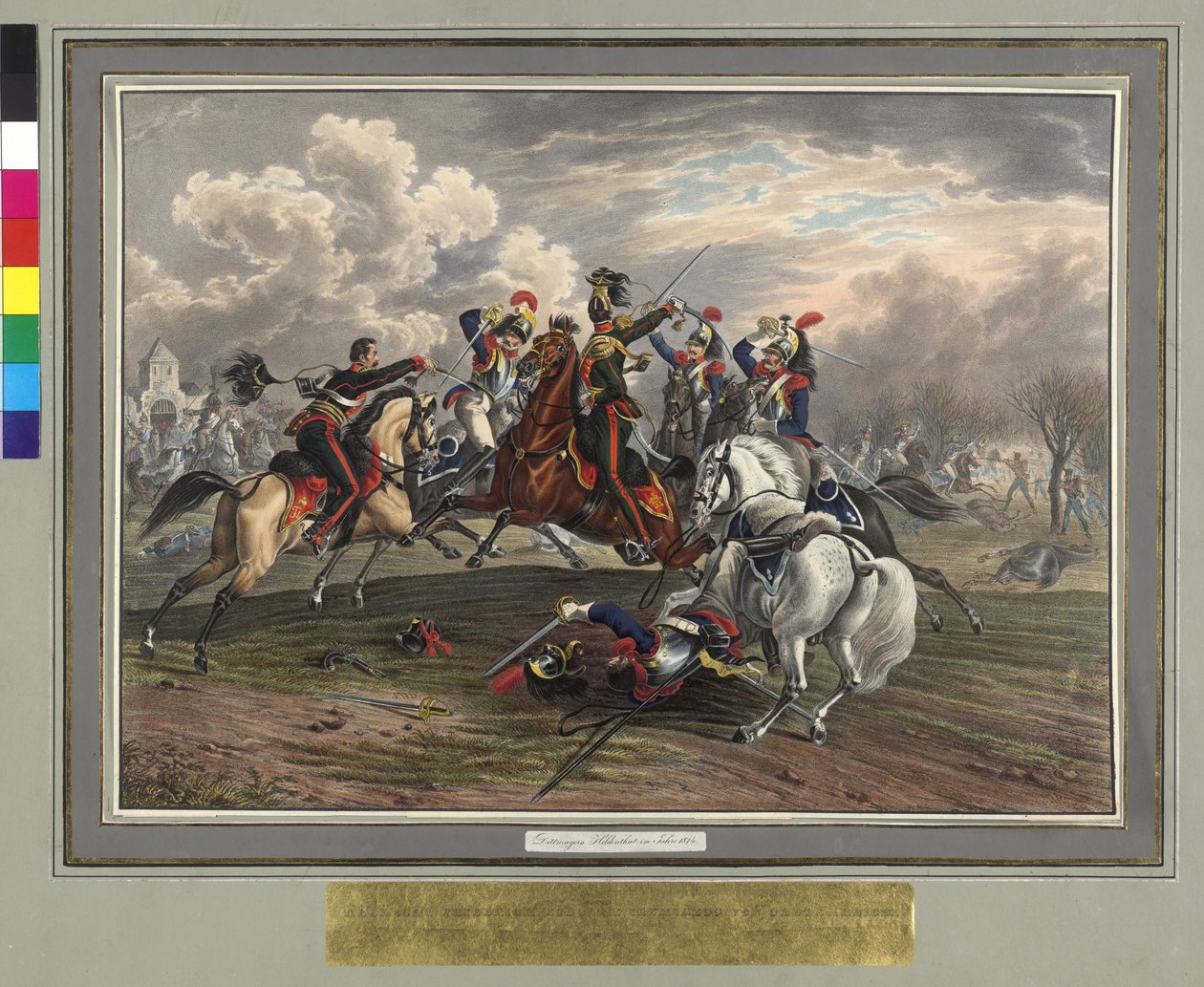 Frederic Dittmayer Rettung am 17. Februar 1814 in Villeneuve, Oberst Sergeant Baron von Trach aus der Gefangenschaft französischer Kürassiere von Johann Nepomuk Hoechle