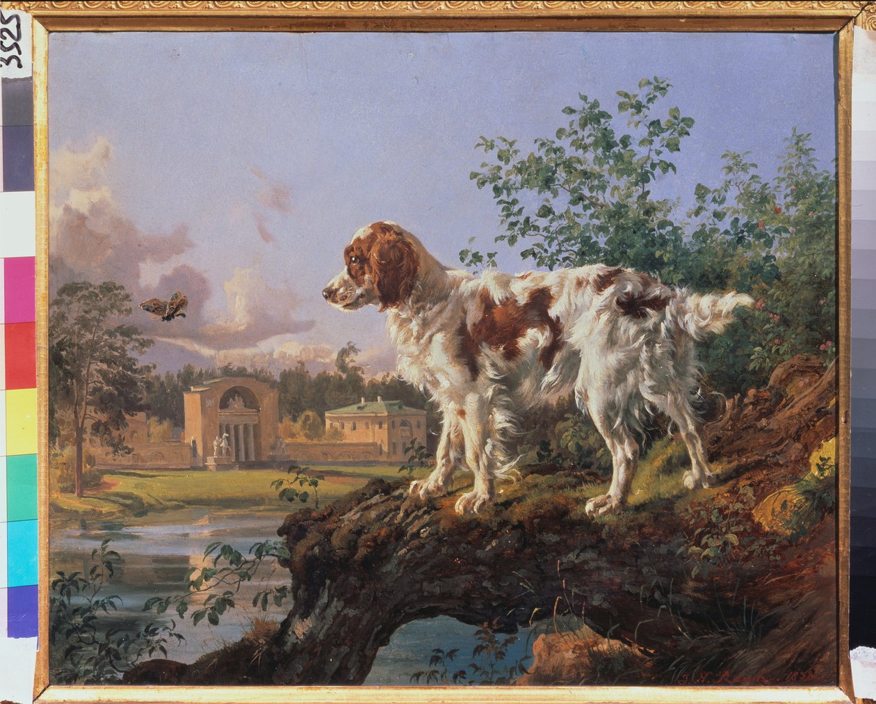 Das Anwesen Kuzminki. Die Reithalle. Ein Hund in der Landschaft von Johann Nepomuk Rauch