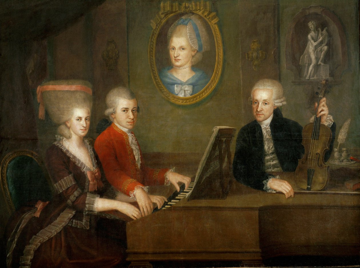 Die Mozart-Familie: am Klavier, Wolfgang und seine Schwester Nannerl; Vater Leopold Mozart mit Violine (Öl auf Leinwand) von Johann Nepomuk della Croce