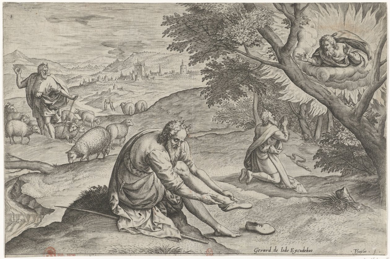 Gott erscheint Moses im brennenden Dornbusch. Geschichte von Moses vor dem Exodus von Johann Sadeler (I)